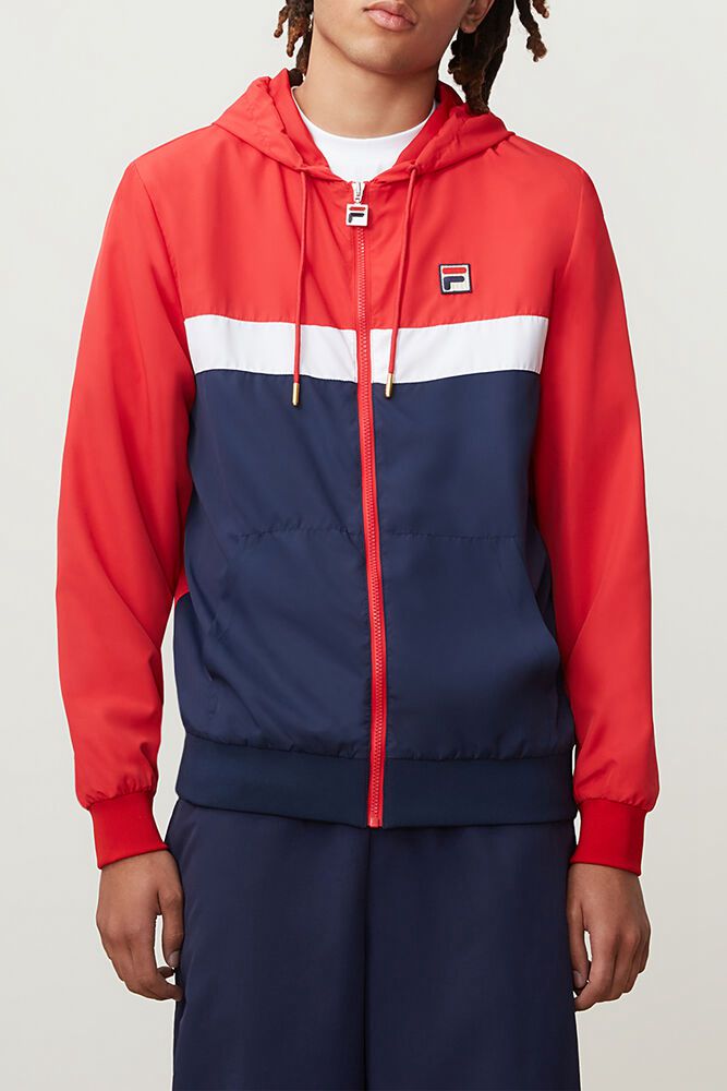 Fila Ambrose Hooded Wind Red/Navy Jacket Mens - NZ 89235-QIPZ